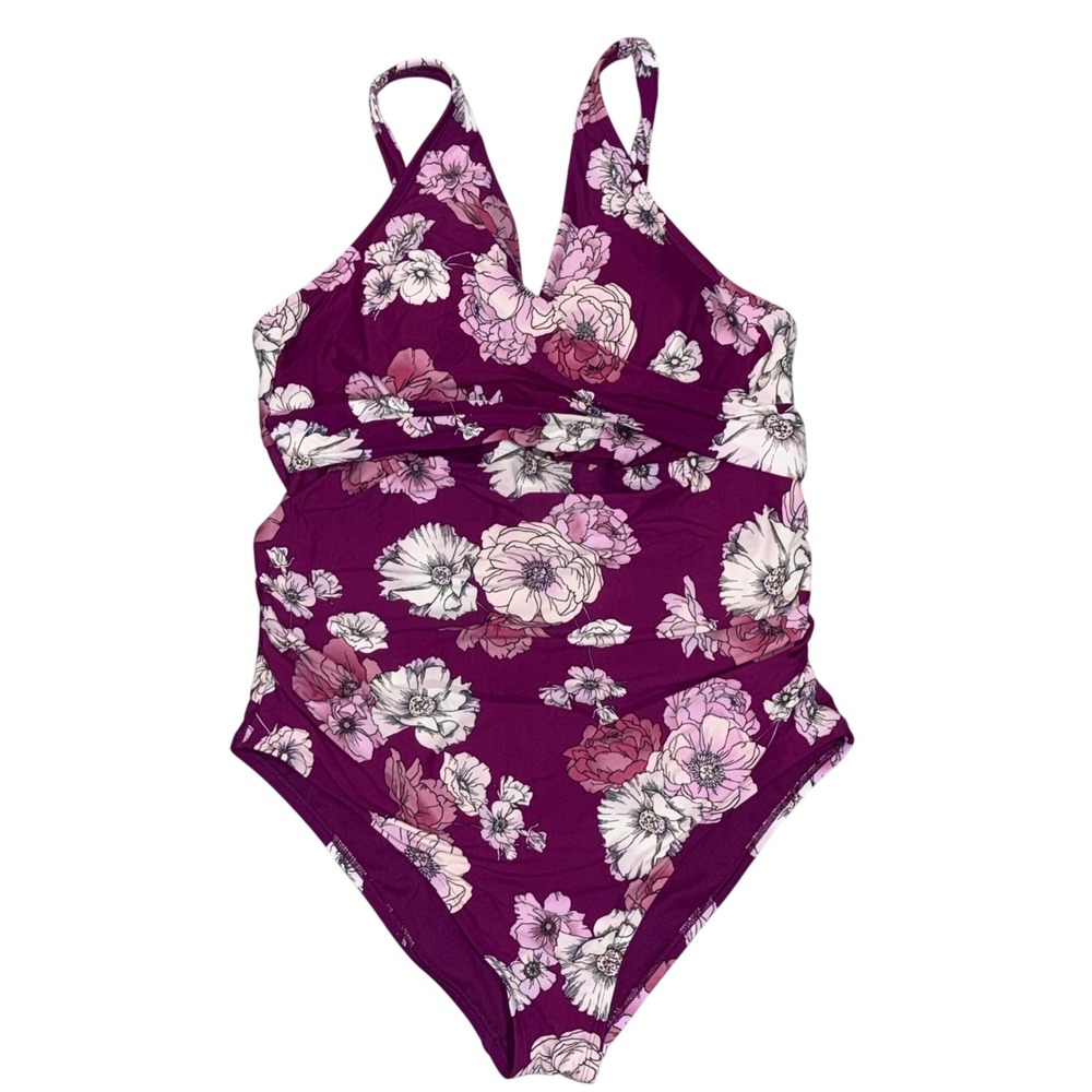 Freshwater One Piece Swimsuit Women 1X Maroon Floral Ruched Adjustable Straps